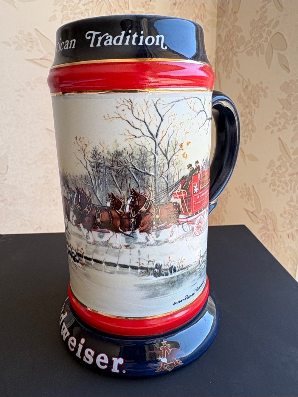 Budweiser Red, Navy & Gold Holiday Stein with Horse-Drawn Wagon Scene
